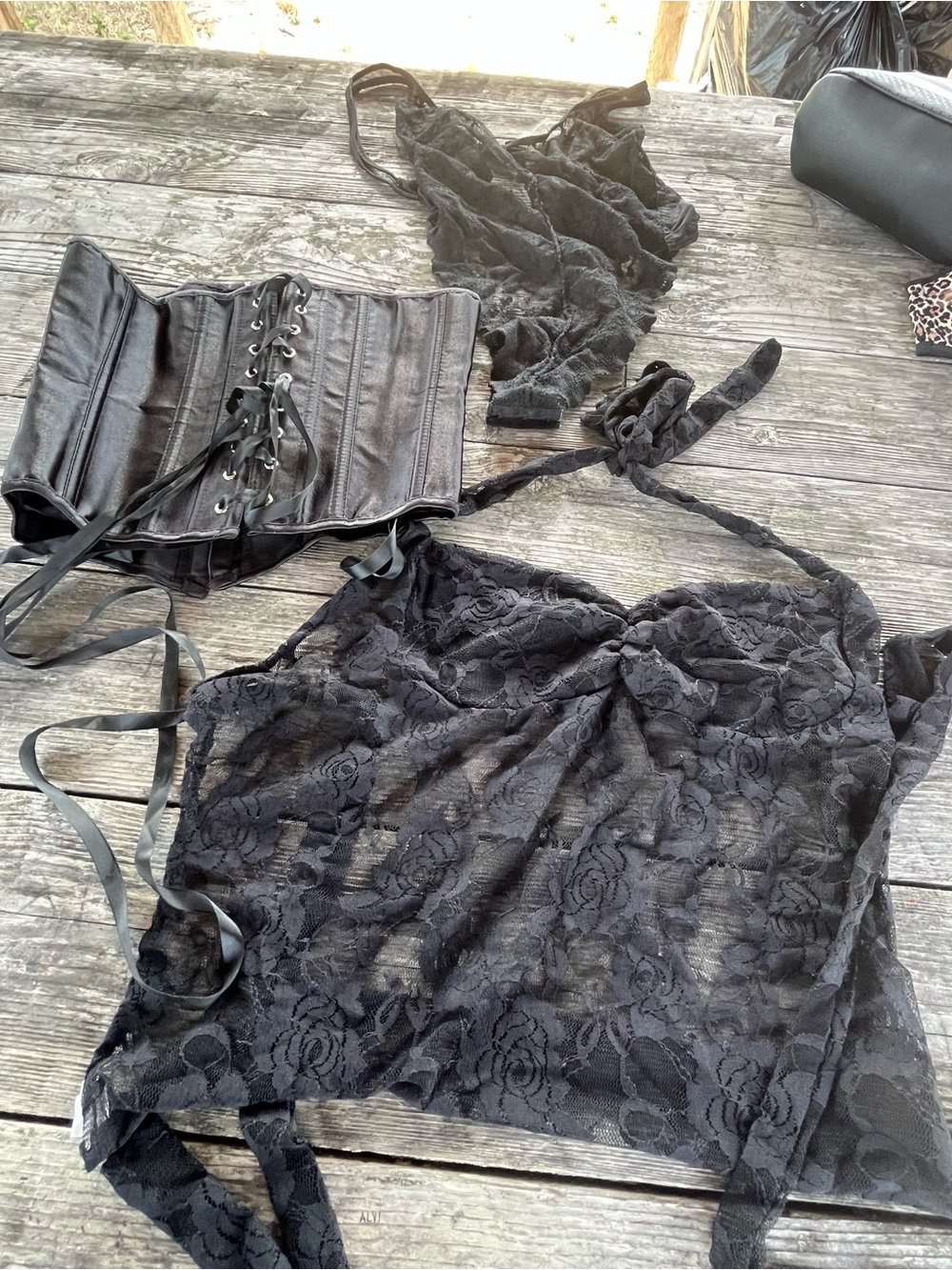 Bundle of four Black Lace Halter Top with Corset Waist leopard strapless bra sm.